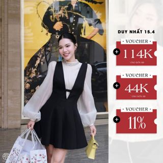 Set Áo Tơ Xốp Đính Đá Cổ Tay Dài Bồng Phối Váy Yếm Chéo Rubi Dày Dặn Đứng Form S831 Alice