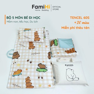 Bộ chăn nệm gối Lụa Tencel 60s cho bé đi học mầm non tiểu học FamiHi cao cấp, mền trẻ em dễ thương.