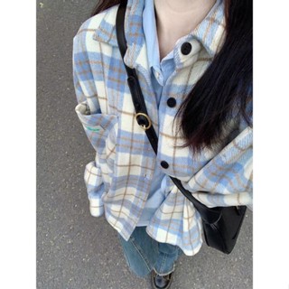 Áo Khoác Sơ Mi Dạ Áo Sơ Mi Tay Dài Dáng Rộng Họa Tiết Kẻ Sọc Phong Cách Hàn Quốc Chất Dày Dặn Thời Trang Mùa Thu Cho Nữ