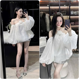 Áo Sơ Mi Cổ Yếm Trễ Vai Chất Liệu Tơ Cốp Tay Phồng 2 Lớp Kèm Hoa Rời