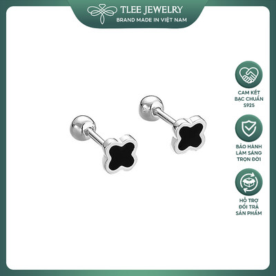 Khuyên tai bạc nữ TLEE cỏ bốn lá đá đen chốt ren bi vặn thu hút tài lộc, may mắn TLEE JEWELRY B0545