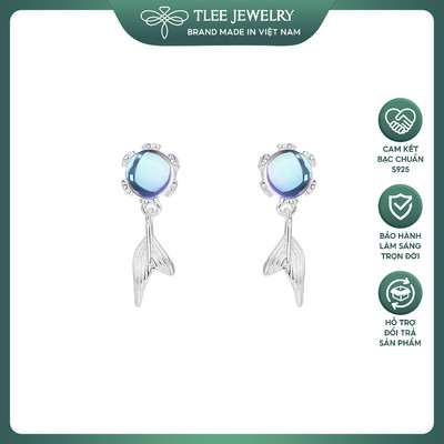 Khuyên tai bạc nữ TLEE tua dài dáng đuôi đá đính đá moonstone ánh sắc lấp lánh TLEE JEWELRY B0551