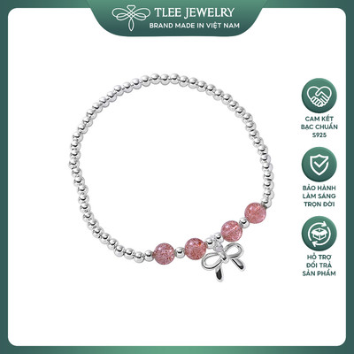 Lắc tay bạc nữ TLEE bi bạc tròn charm nơ thắt trơn mix đá thạch anh dâu hồng đá phong thủy tự nhiên TLEE JEWELRY LT0412