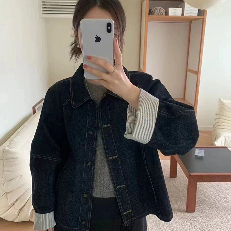 𝐘𝐮𝐫𝐢.𝐬𝐭𝐨𝐫𝐞 Áo Khoác Jeans Tay Mix Kẻ Sọc Croptop
