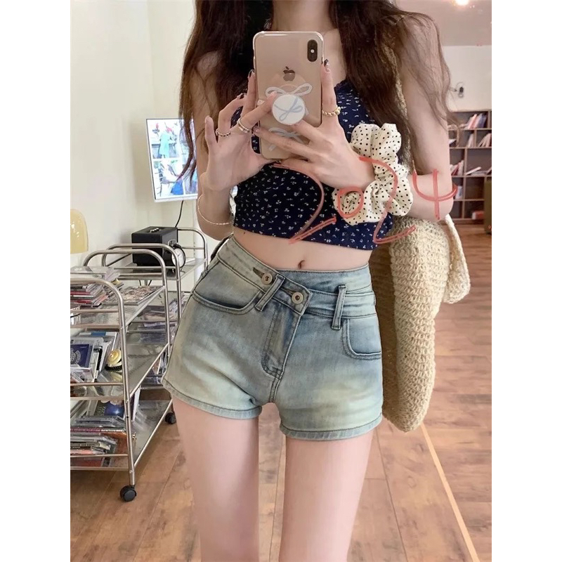 𝐘𝐮𝐫𝐢.𝐬𝐭𝐨𝐫𝐞 Quần Sooc Jeans Xanh Lệnh Cúc Ôm Dáng