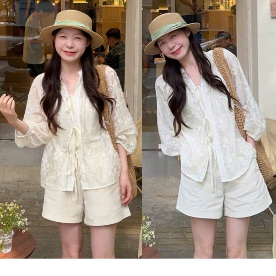 Áo babydoll ren hoa tay dài tay bồng  buộc nơ áo babydoll ren hoa cố chữ V dài tay tiểu thư