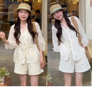  Áo babydoll ren hoa tay dài tay bồng  buộc nơ áo babydoll ren hoa cố chữ V dài tay tiểu thư 