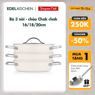 Bộ nồi chảo inox 3 món, 5 lớp nguyên khối cao cấp Edelkochen Chak Chak Collection 16,18,20cm – Màu Eco Cream
