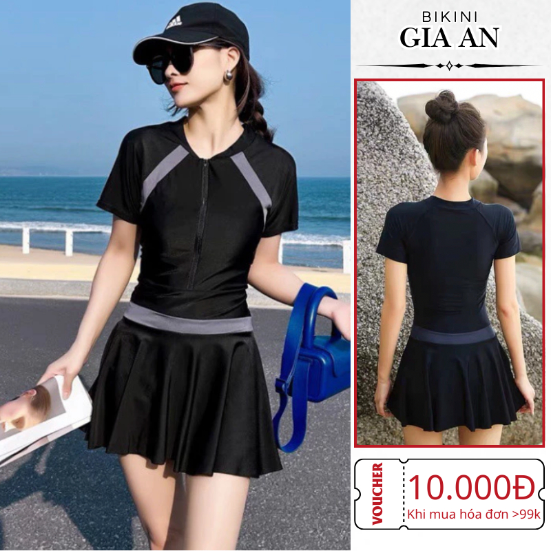 Bộ bikini 1 mảnh liền thân dáng váy đi biển đồ bơi kiểu Hàn kín đáo màu đen khóa zíp kéo trước đai p