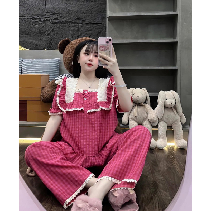 Set Bộ Ngủ Nữ , Set Bộ Ngủ Kẻ Viền Xinh H108
