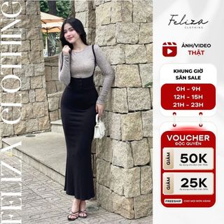 Set áo tay dài và đầm maxi cổ U sâu 2 dây dáng suông dài đuôi cá xẻ tà – Feliza Clothing