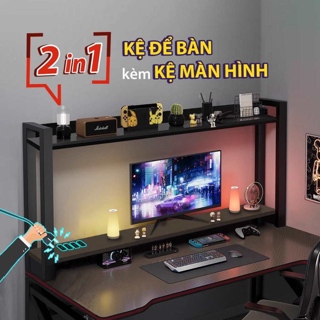 Kệ bàn học kiêm kệ màn hình  decor bàn làm việc giá sách để đồ 2 tầng tủ gỗ trang trí đựng sách mini