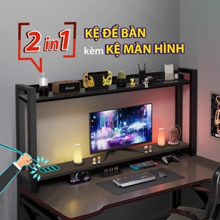 Kệ bàn học kiêm kệ màn hình TopV decor bàn làm việc giá sách để đồ 2 tầng tủ gỗ trang trí đựng sách mini