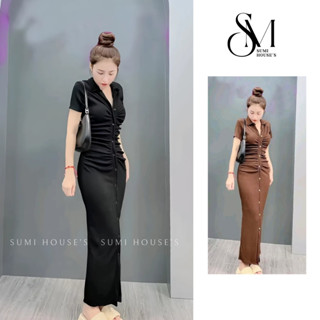 Đầm ôm body cổ trụ dáng dài phối nút nhún eo che bụng siêu xinh - đầm nữ SUMIHOUSE váy body nữ
