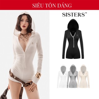Jumpsuit nữ tay dài có nón đội SISTERS màu đen, trắng, kem, xám nút cài phối ren quyến rũ Luna SIS-CLUB | SS24-J15