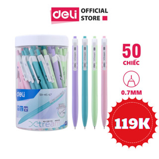[Hộp 50] Bút bi bấm văn phòng mực xanh ngòi 0.7mm Deli giá rẻ viết nét đều trơn tru cho học sinh văn phòng