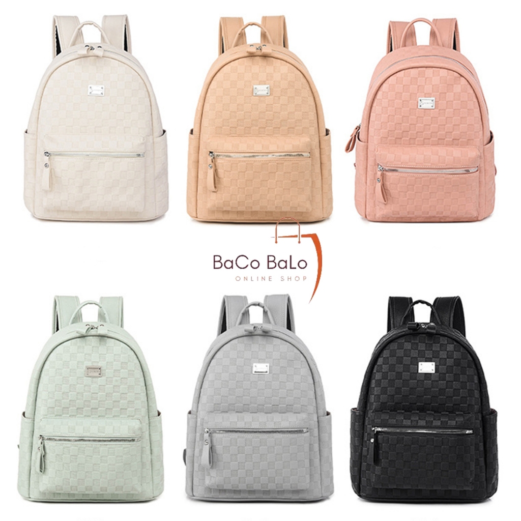 Balo Da Đi Học Size 37/40cm - Họa Tiết Kẻ Caro Tag SHengya, Chât Liệu Da PU, Hàng Quảng Châu Cao Cấp