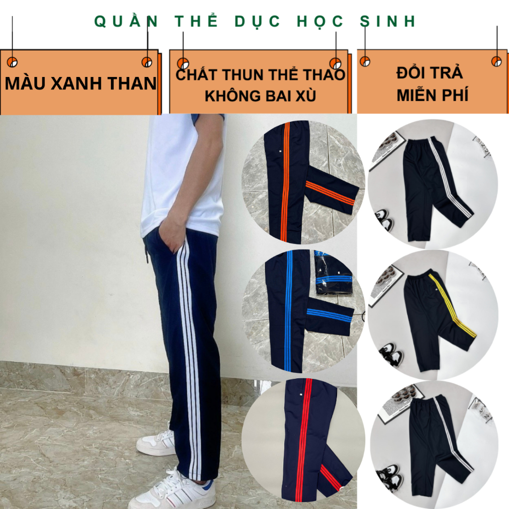 Quần Thể Dục Học Sinh Quần Thể Chất Sinh Viên Nam Nữ 3 Sọc Viền Trắng, Vàng Chất Thun Chéo Màu Tím Than Chuẩn Nhà Trường