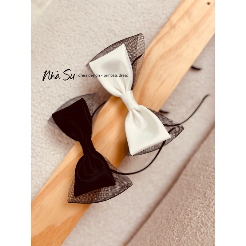 Cài tóc nơ lụa phối lưới đen lớn mới thời trang Hàn Quốc, kẹp tóc nơ trắng, bờm cài tóc nơ trắng đen