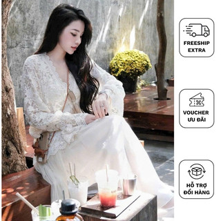  KIM | Set 3 chi tiết áo ren cổ tim form rộng tay dài + áo dây ôm + chân váy lưới tùng xoè 