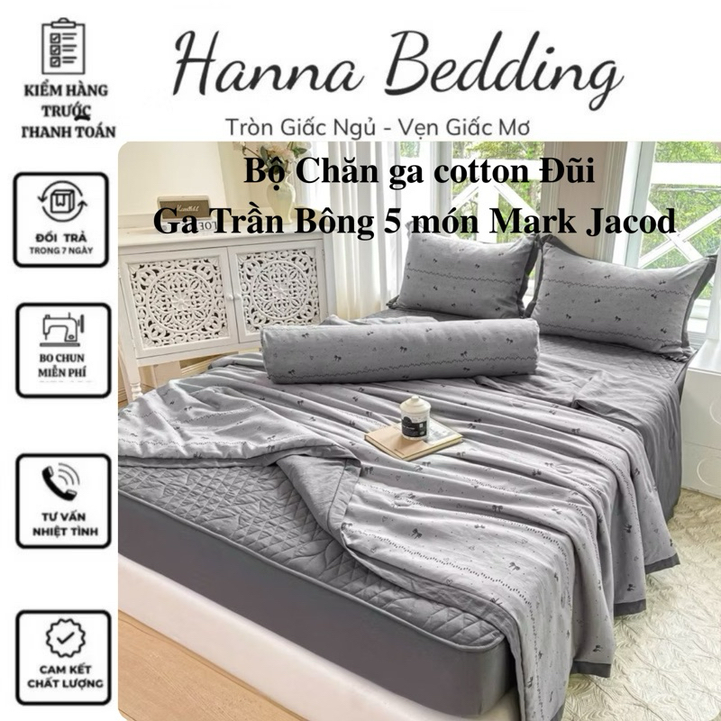 Bộ Cotton Đũi Mềm Mát 5 Món- Ga Chun Trần - Chăn Trần Hè (Có Vỏ Gối Ôm).Hannabedding