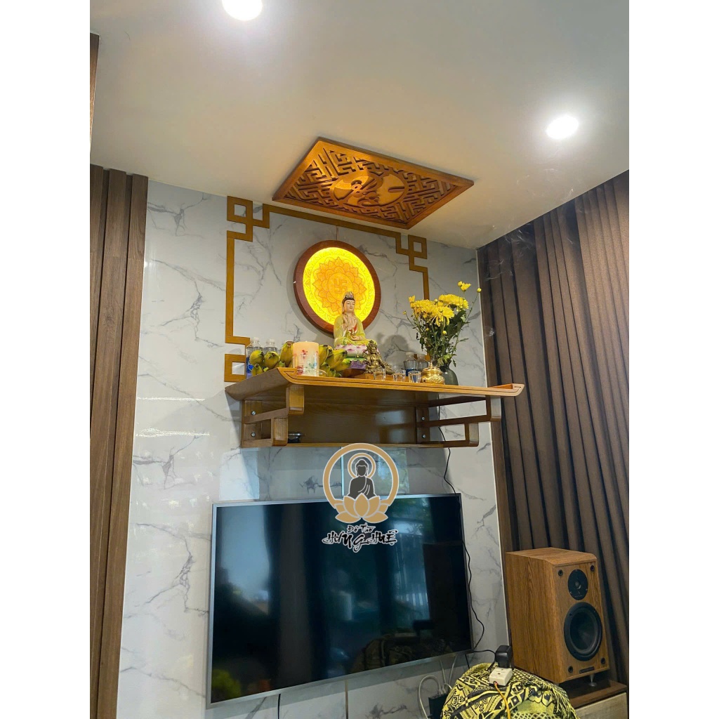 [Mẫu Đẹp] Trọn Bộ Bàn Thờ Phật - Bàn Thờ Gia Tiên - Bàn Thờ ông Táo đèn hào quang gỗ sồi nga
