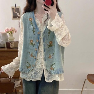  【Có Ảnh Shop Áo gile nữ denim thêu hoa ,dáng dài màu xanh ság đẹp,áo gile bò nữ kiểu vitage phong cách hàn quốc2025 