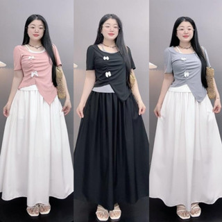 Set Áo Váy Bigsize Nữ Áo Thun Kiểu Cổ Yếm Đính Nơ Mix Váy Dài Nàng Thơ Cho Nữ Chuppy