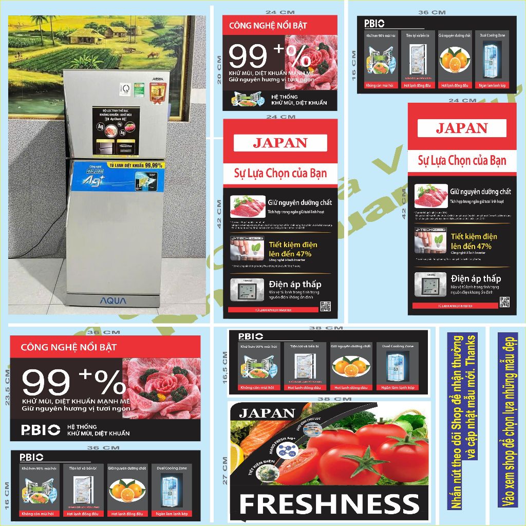 COMBO = 10tem. Dùng băng dính hai mặt,  Tem dán tủ lạnh lg, tem Tủ đông, tem máy giặt AQUA