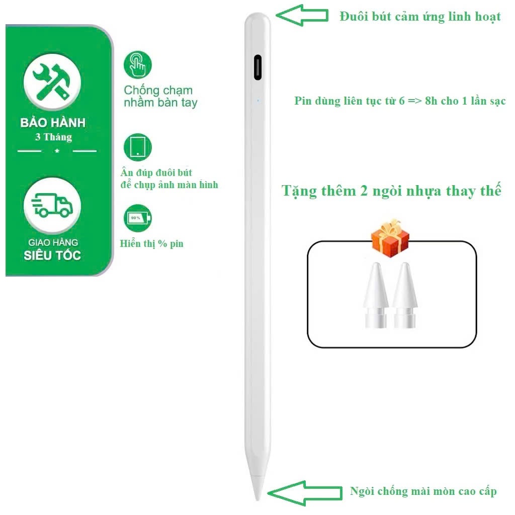 Bút cảm ứng iPad gen 11,10,9,8,7,6  Pro 11,12.9( SX 2018-2025 )Mini 5,6,7 Air 3,4,5,6,7 Chống chạm,Hiển thị % pin
