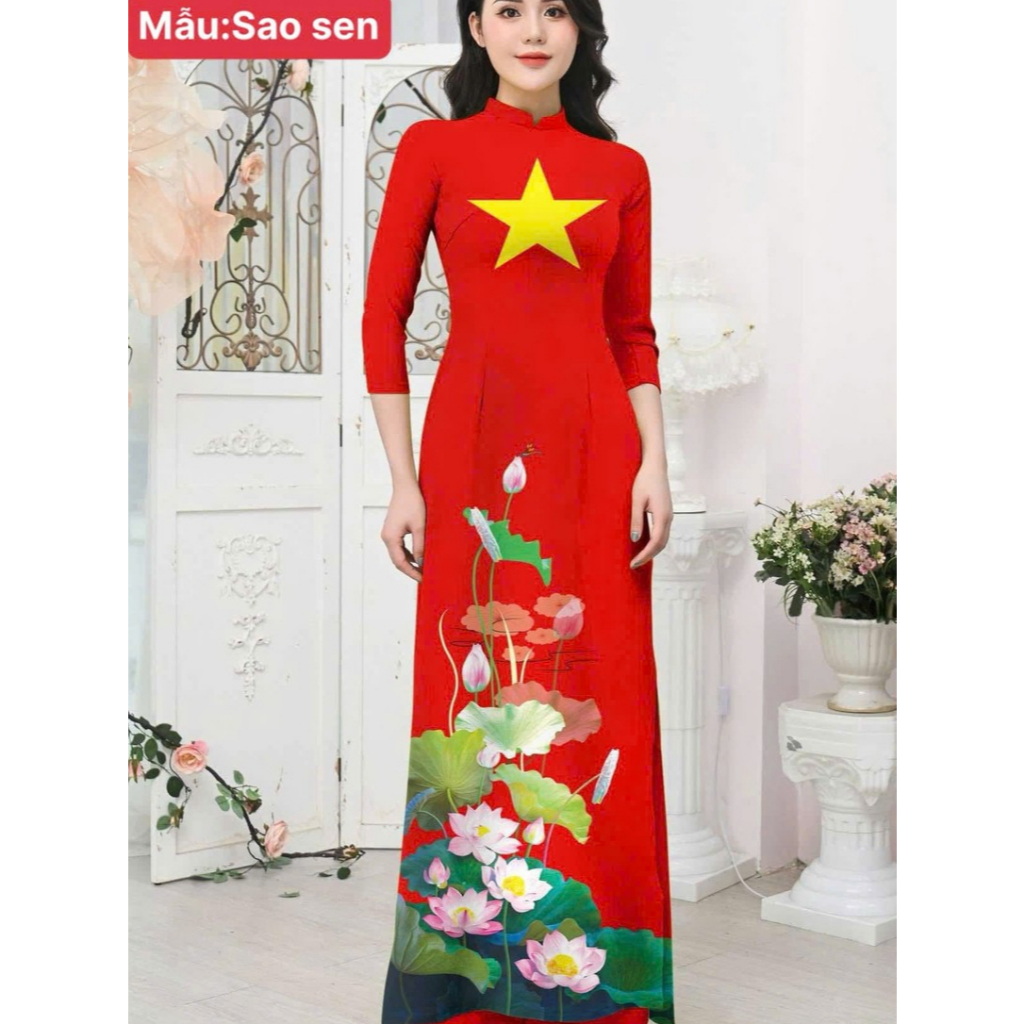Bộ áo Dài lụa Nhật in họa tiết 3D (Sao sen)