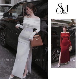 Đầm body nữ trễ vai tay dài xẻ tà hai bên sang chảnh SUMI HOUSE- Đầm đi tiệc, đi chơi (thun gân DH802)