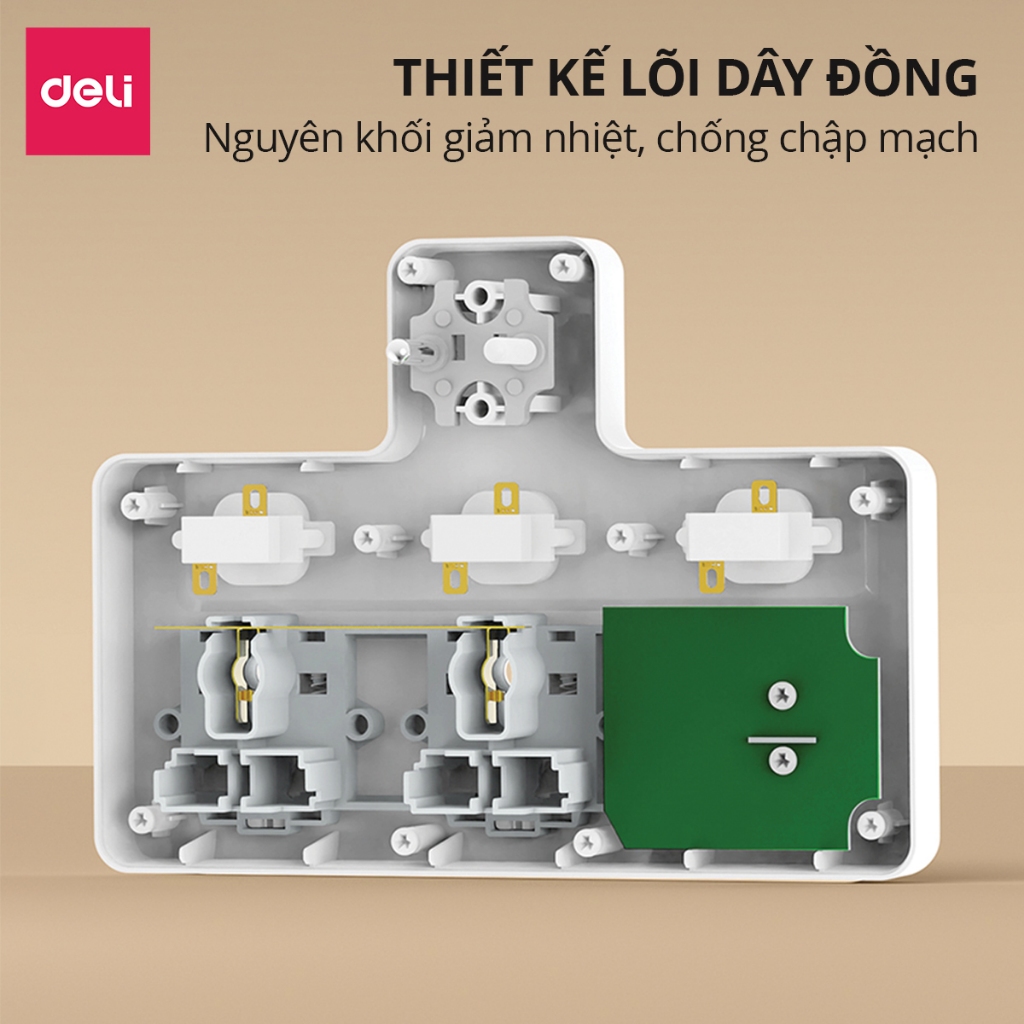 Ổ Cắm Điện Đa Năng Deli 2500W Chống Cháy Nổ, An Toàn Cho Nhiều Thiết Bị