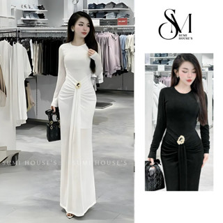 Đầm body tay dài nhún eo phối tà đính charm, váy body mặc tết màu đỏ đen trắng chất thun H941