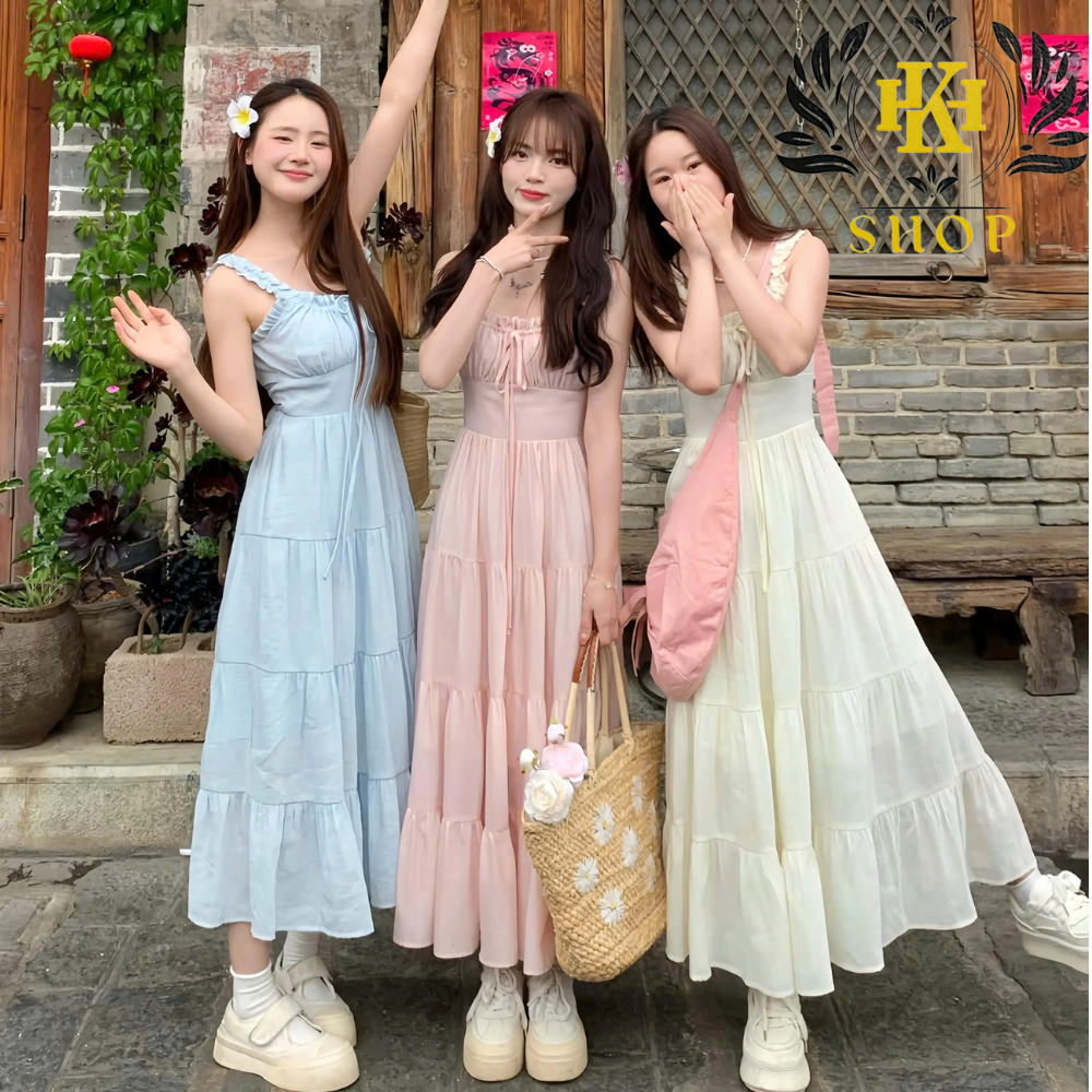 Đầm Maxi Đầm 2 Dây Nhún Ngực Chất Vải Đũi Tơ Mềm Mát May 2 Lớp Thiết Kế Hở Lưng Thắt Nơ Siêu Xinh