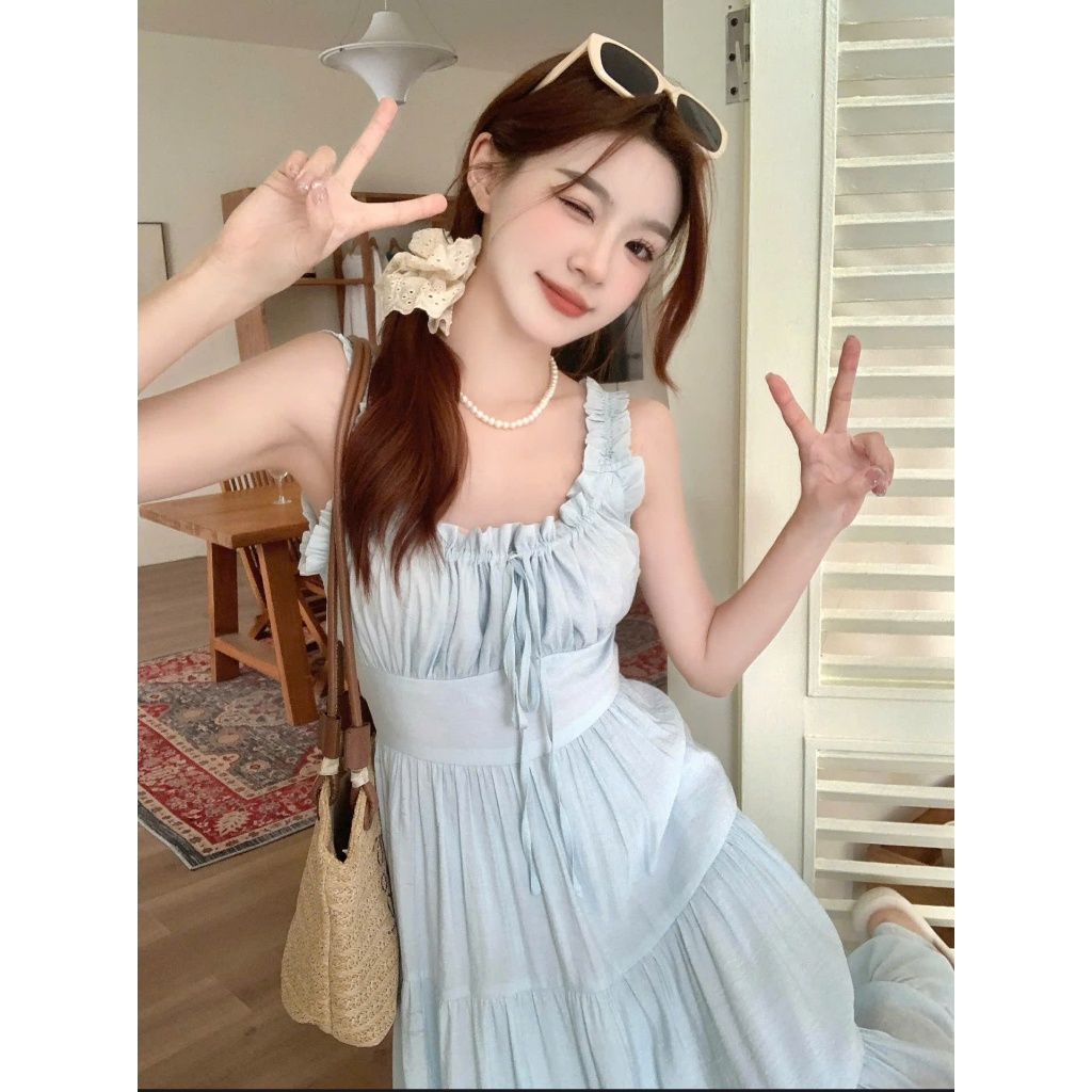 Đầm Maxi Đầm 2 Dây Nhún Ngực Chất Vải Đũi Tơ Mềm Mát May 2 Lớp Thiết Kế Hở Lưng Thắt Nơ Siêu Xinh | BigBuy360 - bigbuy360.vn