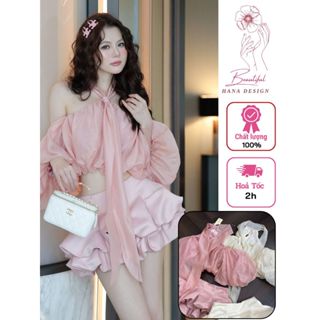 [ Sẵn - Hỏa Tốc ] Set Áo Cổ Yếm Trễ Vai Bồng Chuẩn TRÂN ALI Chân Váy Ngắn Bèo Tầng Thiết Kế Sang Chảnh