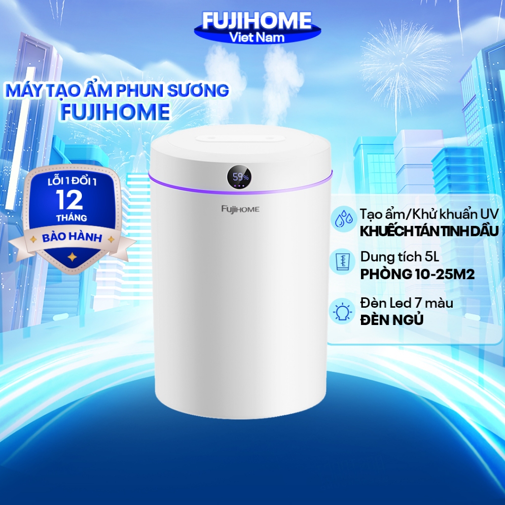 Máy phun sương tạo ẩm 5 Lít FUJIHOME HM05, máy khuếch tán xông tinh dầu tạo ion tạo độ ẩm cho phòng ngủ, phòng khách