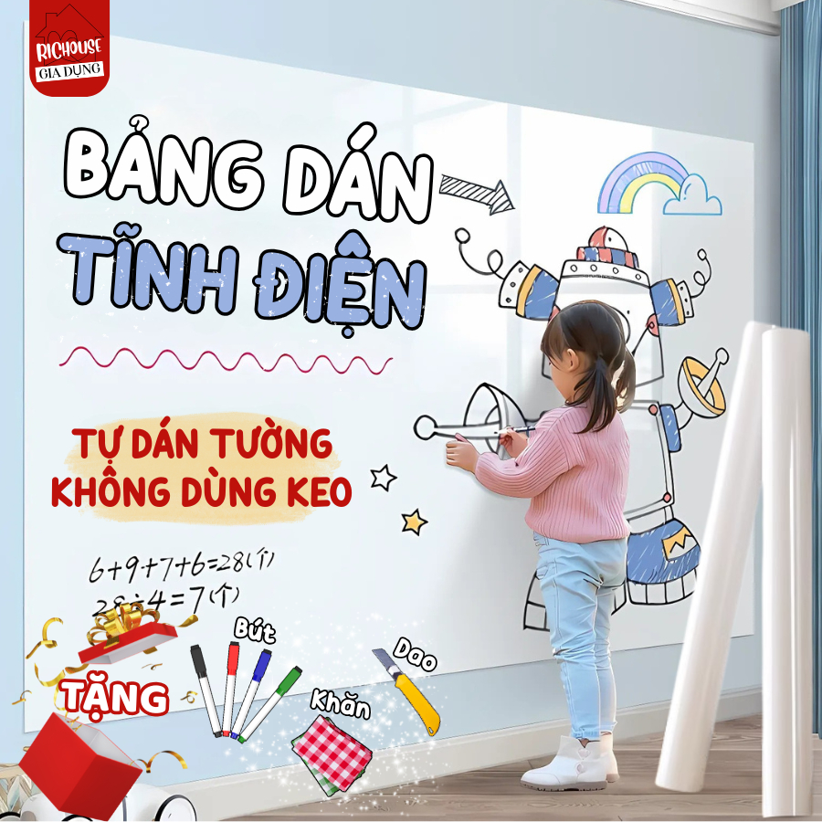 [HÀNG LOẠI 1] Bảng Trắng Dán Tường Tự Dán Không Hại Tường, Bảng Viết Bút Lông Không Dùng Keo