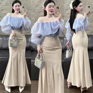 Set váy nữ thiết kế, set áo trễ vai voan tơ 2 lớp bèo tầng tay bồng đính hoa trà mix chân váy đuôi cá xếp ly khóa kéo