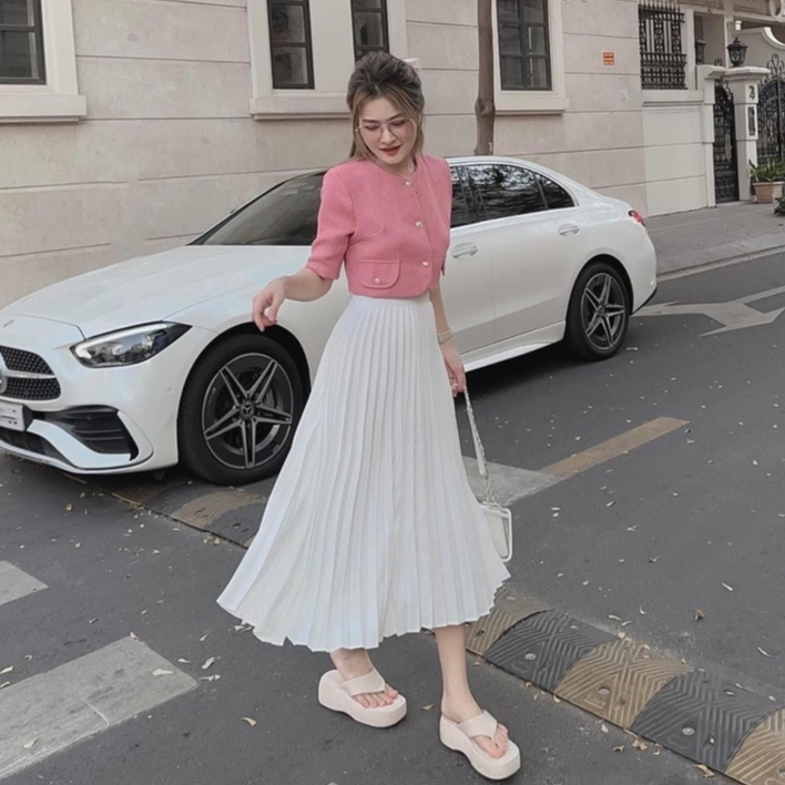 Bộ Áo Khoác Dạ Hồng Croptop Kết Hợp Chân Váy Midi Xếp Ly, Set Áo Dạ Hồng Ngắn Kèm Chân Váy Xòe Dập L