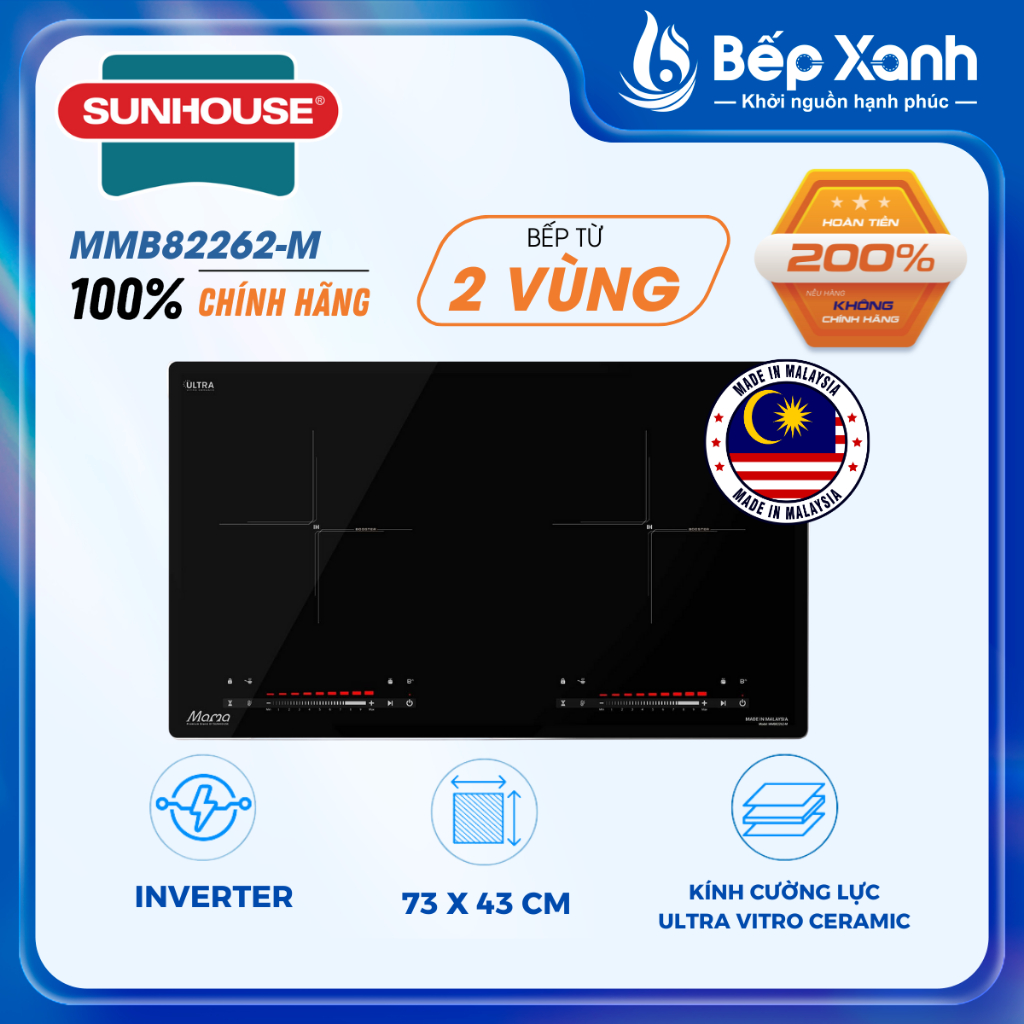 [NEW 2025 - MADE IN MALAYSIA] Bếp Từ Đôi Sunhouse MAMA MMB82262-M, Viền Inox đẹp, Hiện Đại