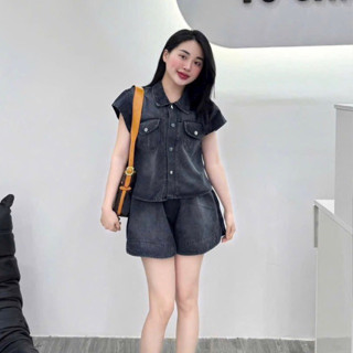 (Áo Tay Hến Cộc Khuy Bấm - Quần Sóoc) Set Jean B112 Chất Jean Mềm Dành Cho Nữ, 2 Màu Đen Khói & Xanh, 2 Size S & M