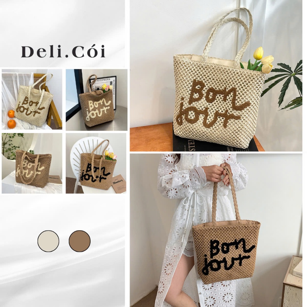 Túi Cói Đi Biển Thời Trang Cho Bạn Gái, Túi Xách Đi Biển Nữ Sức Chứa Lớn Thêu Chữ, Túi Cói Thời Trang 2026