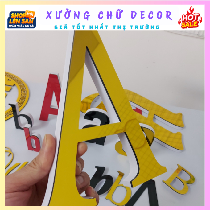 Chữ Nổi Alu Vàng Gương cao 25cm dày 18mm In Hoa font chữ có chân Dán Tường Decor Biển quảng cáo