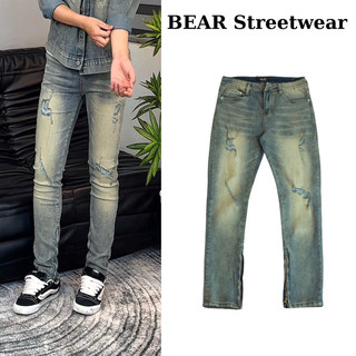  quần jean nam ziper streetwear cao cấp BEAR màu xanh vàng form slimfit vải denim co giãn SK063 