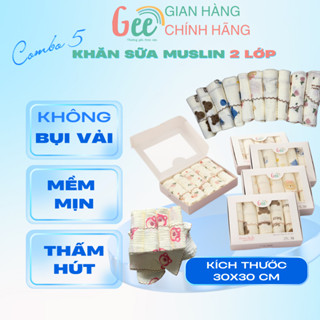 Khăn sữa muslin Gee, set 5 khăn xô 2 lớp mềm mịn mát, thấm hút, an toàn cho bé, họa tiết dễ thương, vải cotton, 30x30cm