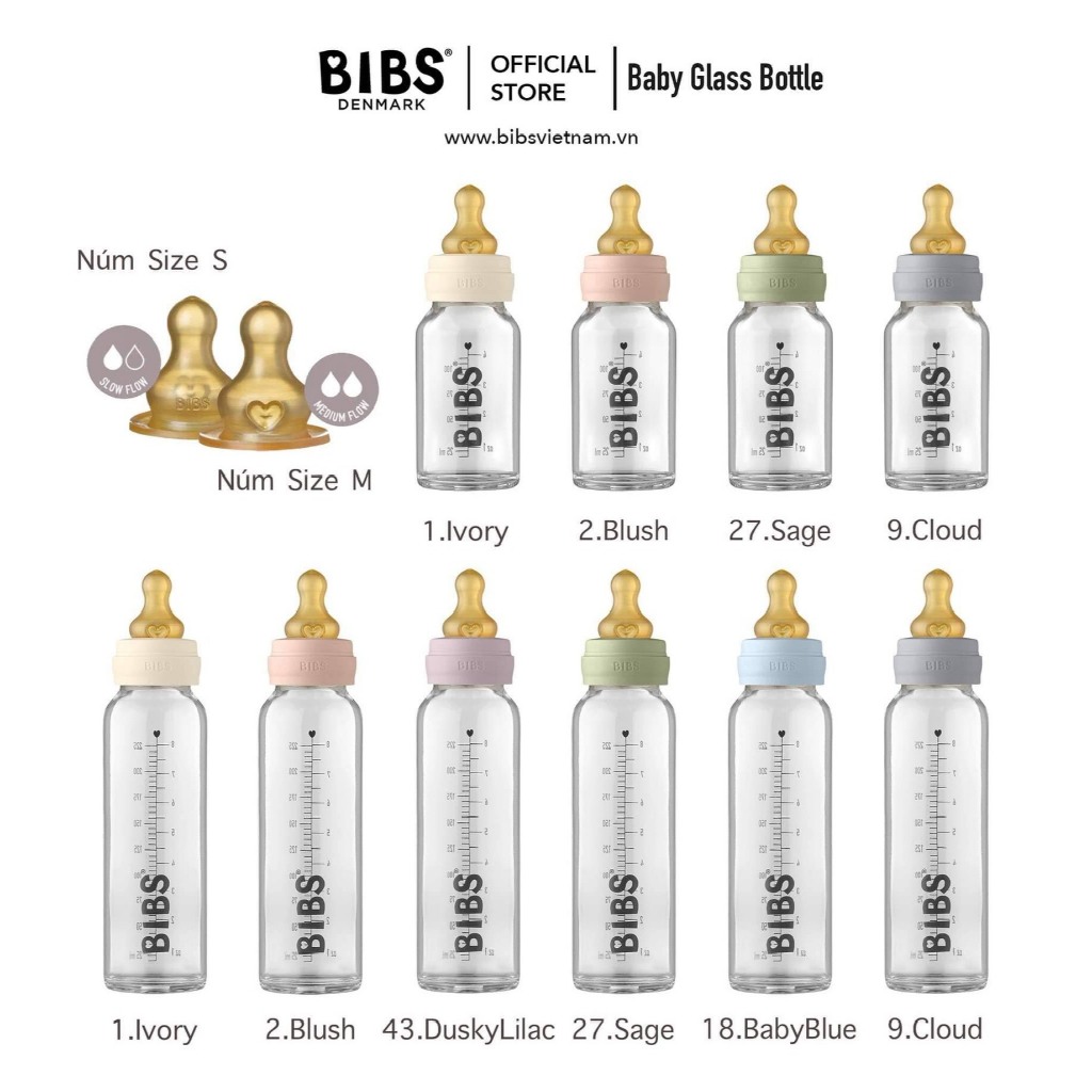 Set Bình Sữa Cho Bé BIBS Chính Hãng Chất Liệu Thủy Tinh - Đầu Núm Latex Cao Su Dung Tích 110ml/225ml