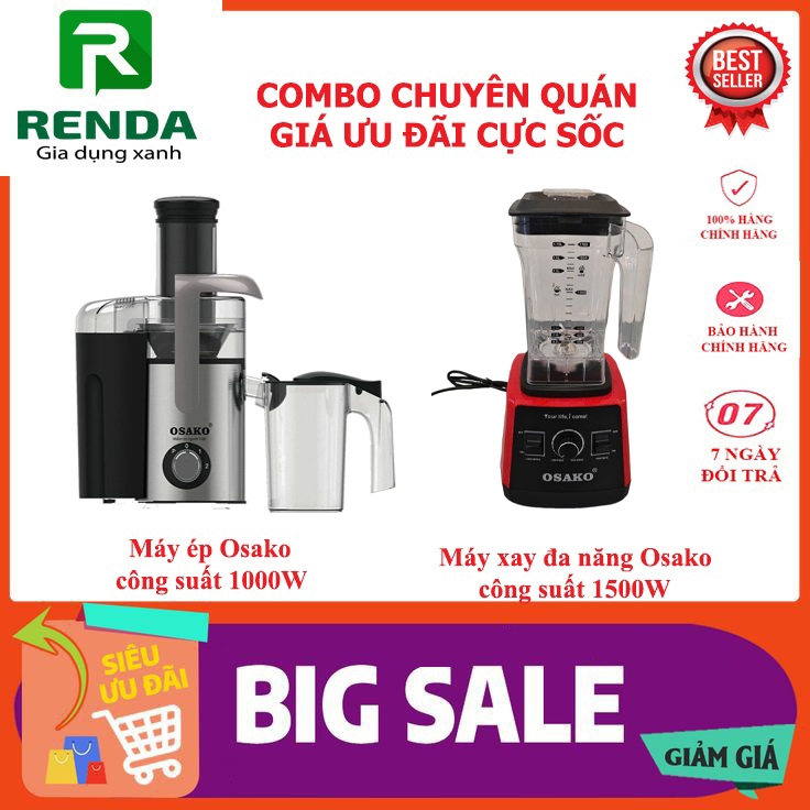 Combo máy ép trái cây Osako 1000W và máy xay đa năng công nghiệp Osako 1500W dành cho quán chuyên nghiệp, có linh kiện t