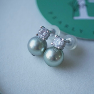 Bông tai ngọc trai thật Akoya xám Pearly Dolly khung bông tai đính đá CZ sang trọng